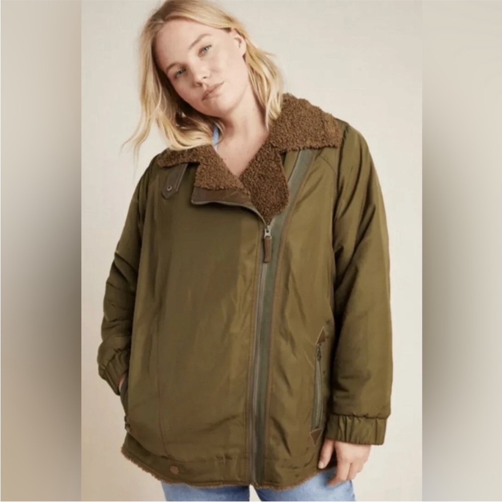 Anthropologie Joni Aviator Moto Jacket Olive Sherpa Lined Women's Size Small
S